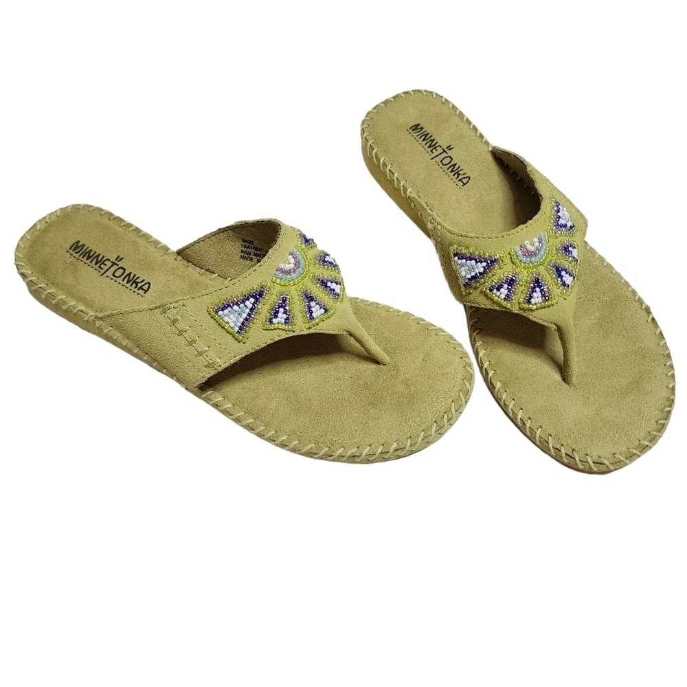 Minnetonka Green Leather Beaded Flip Flop Thong Sandals Size 7 New‎